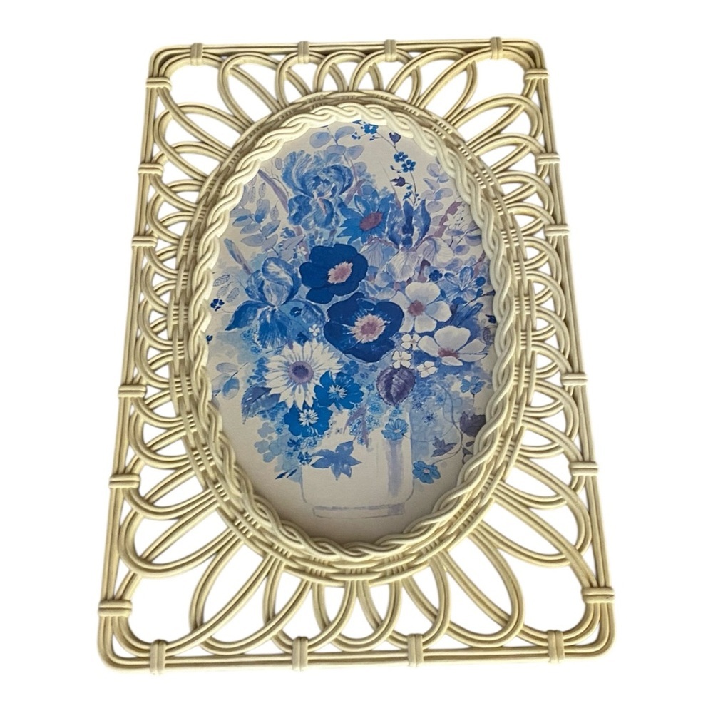 Syroco Vintage 1970s Floral MCM Framed Wall Hanging Picture Blue Lattice Mod